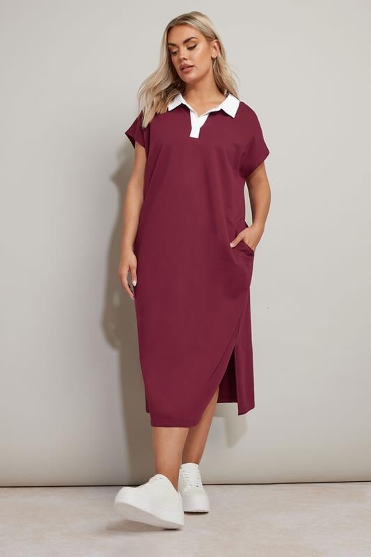Evans YOURS Curve Dark Red Jersey Collar Grown Sleeve Dress