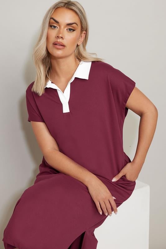 Evans YOURS Curve Dark Red Jersey Collar Grown Sleeve Dress