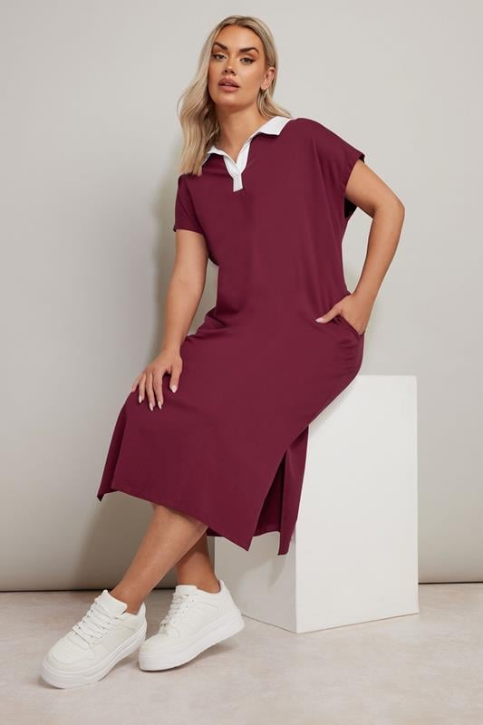 evans YOURS Curve Dark Red Jersey Collar Grown Sleeve Dress