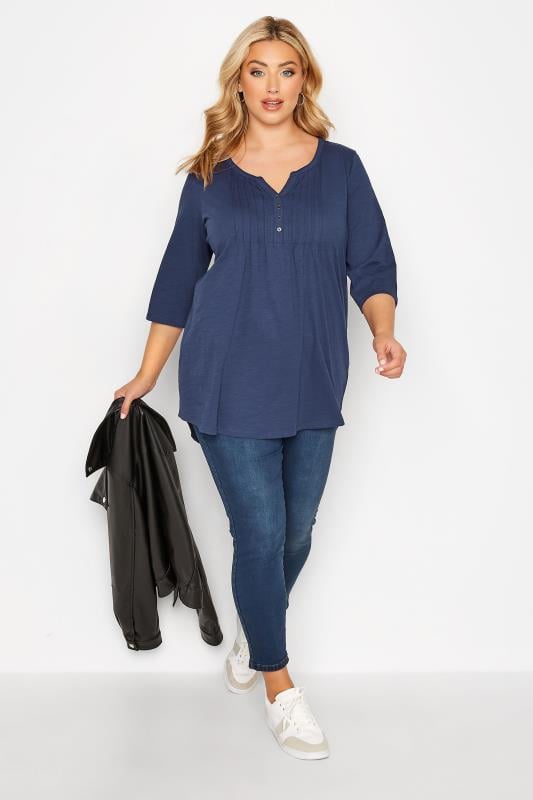 Evans YOURS Curve Denim Blue Pintuck Henley T-Shirt