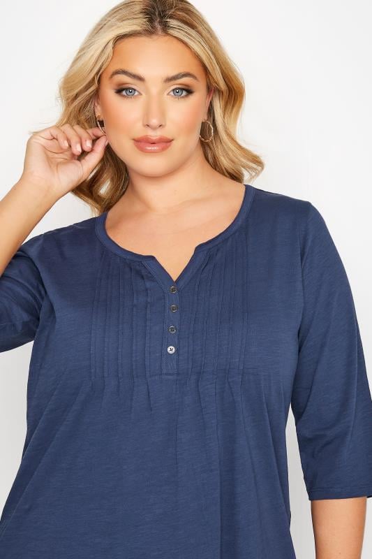 Evans YOURS Curve Denim Blue Pintuck Henley T-Shirt