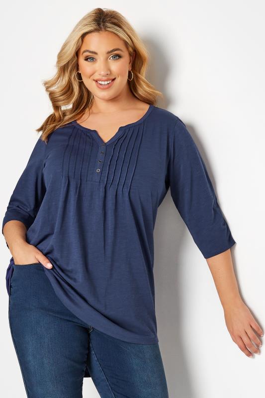 evans YOURS Curve Denim Blue Pintuck Henley T-Shirt