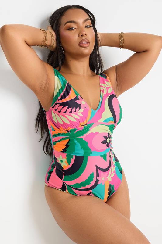 Evans YOURS Curve Floral Abstract Print Plunge Swimsuit