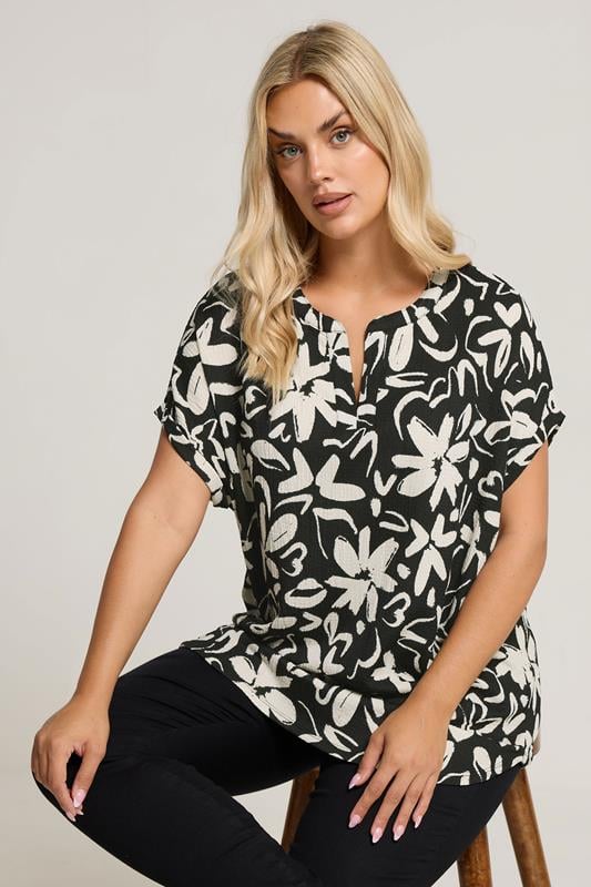 evans Yours Curve Floral Print Textured Notch Neck Top
