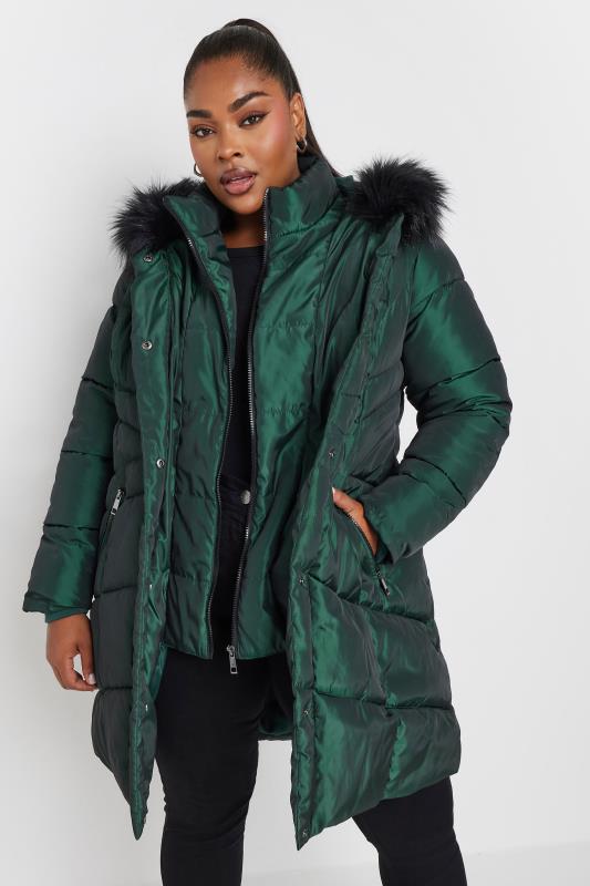 Evans YOURS Curve Forest Green Faux Fur Trim Puffer Coat