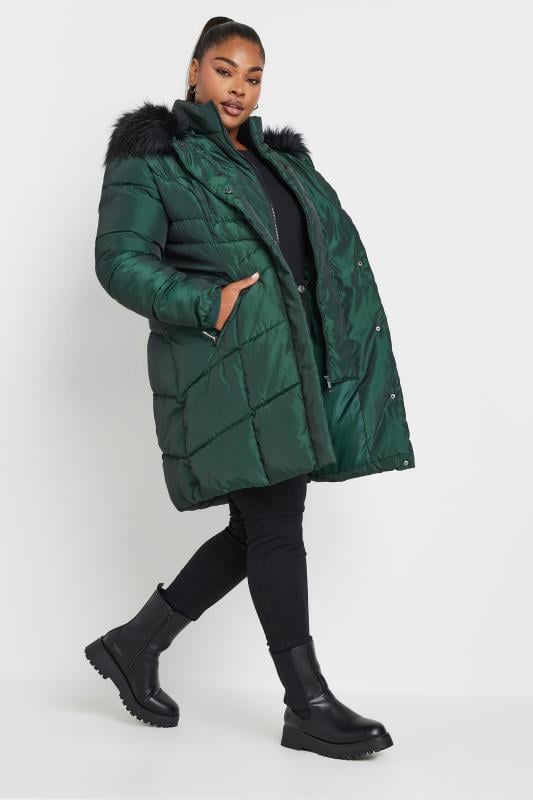 Evans YOURS Curve Forest Green Faux Fur Trim Puffer Coat