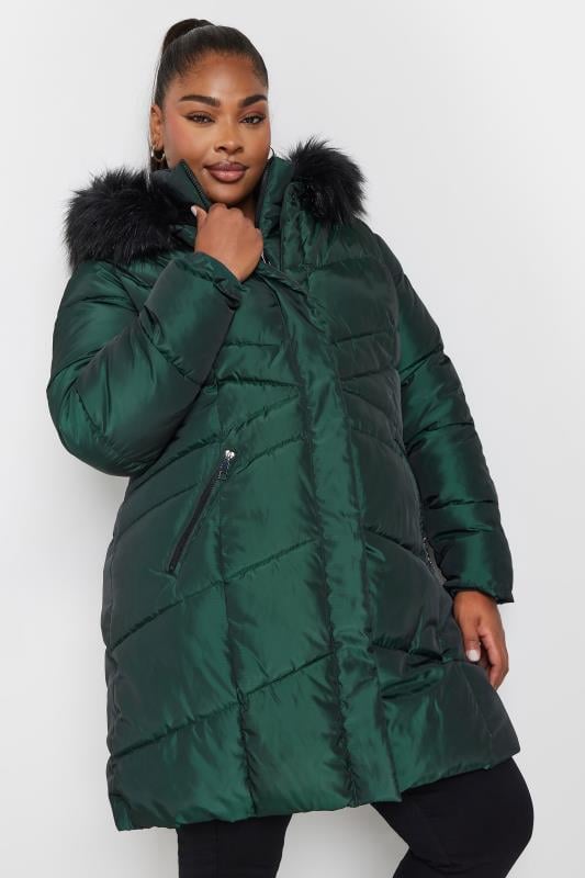 Evans YOURS Curve Forest Green Faux Fur Trim Puffer Coat