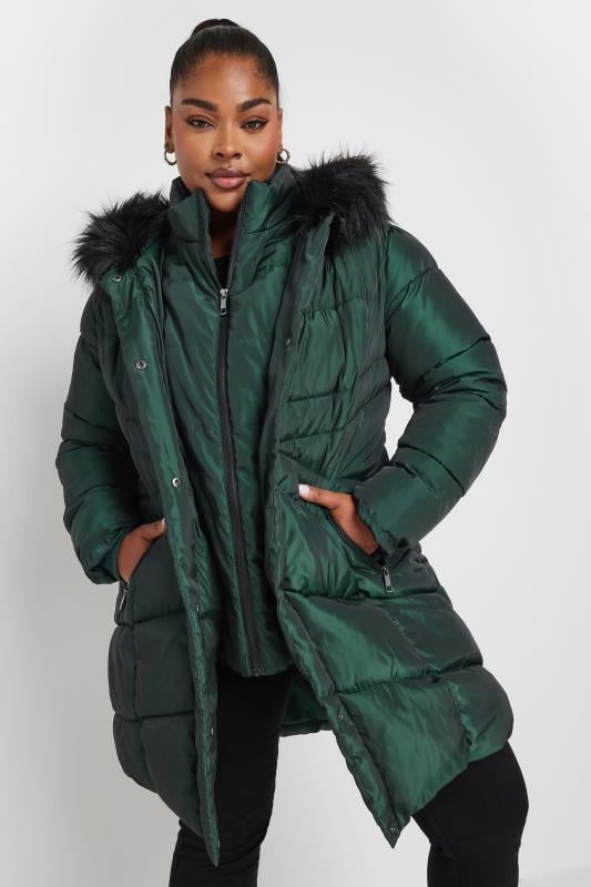 evans YOURS Curve Forest Green Faux Fur Trim Puffer Coat