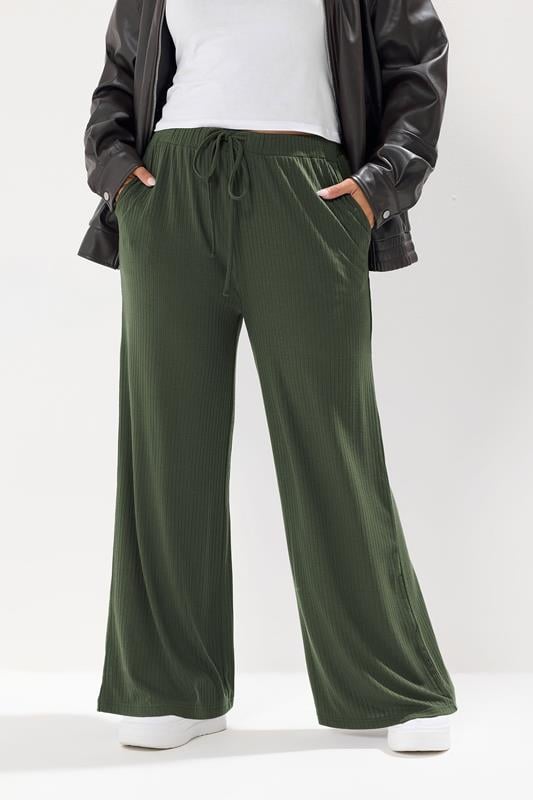 Evans YOURS Curve Forest Green Ribbed Wide Leg Trousers