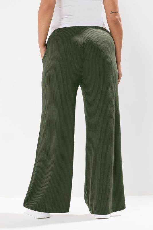 Evans YOURS Curve Forest Green Ribbed Wide Leg Trousers