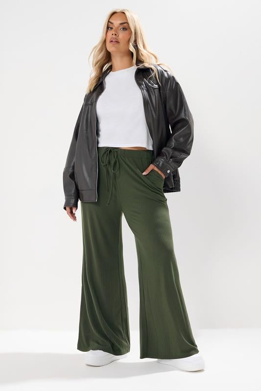 evans YOURS Curve Forest Green Ribbed Wide Leg Trousers