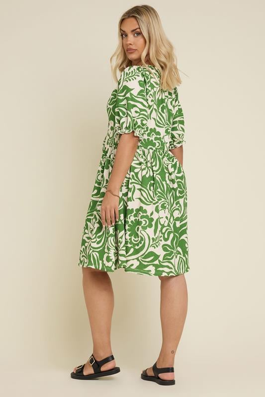 Evans YOURS Curve Green Abstract Leaf Print Textured Tie Neck Dress