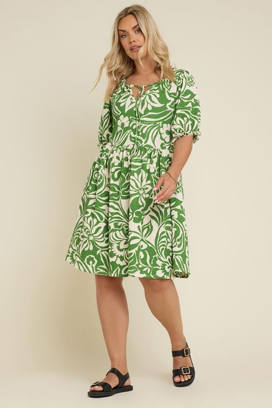 Evans YOURS Curve Green Abstract Leaf Print Textured Tie Neck Dress