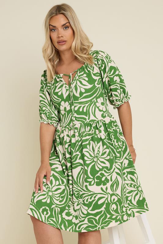evans YOURS Curve Green Abstract Leaf Print Textured Tie Neck Dress