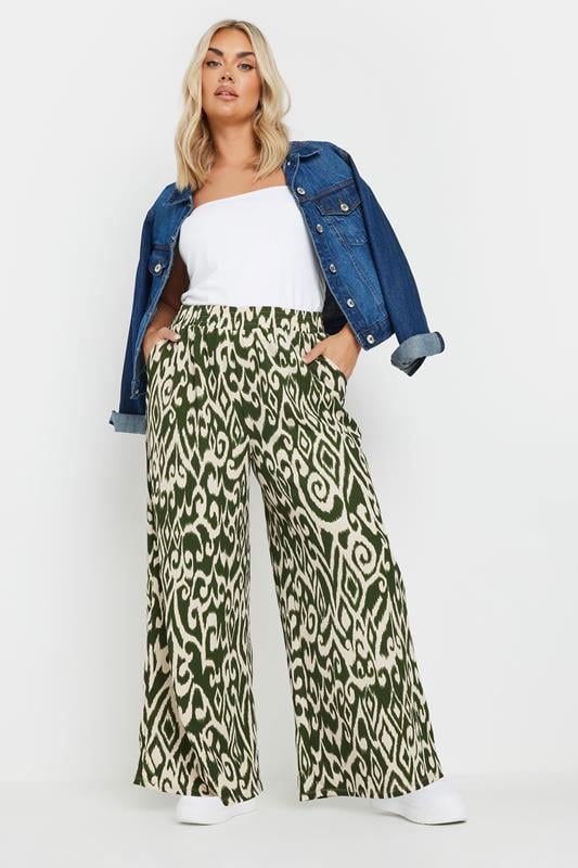 Evans YOURS Curve Green Abstract Print Textured Wide Leg Trousers