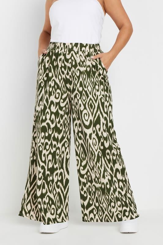 evans YOURS Curve Green Abstract Print Textured Wide Leg Trousers