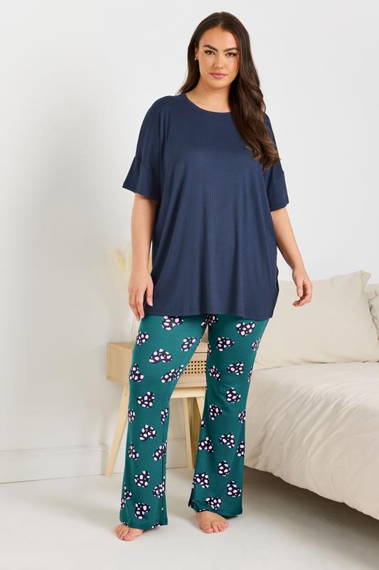 Evans YOURS Curve Green Animal Heart Flare Pyjama Bottoms