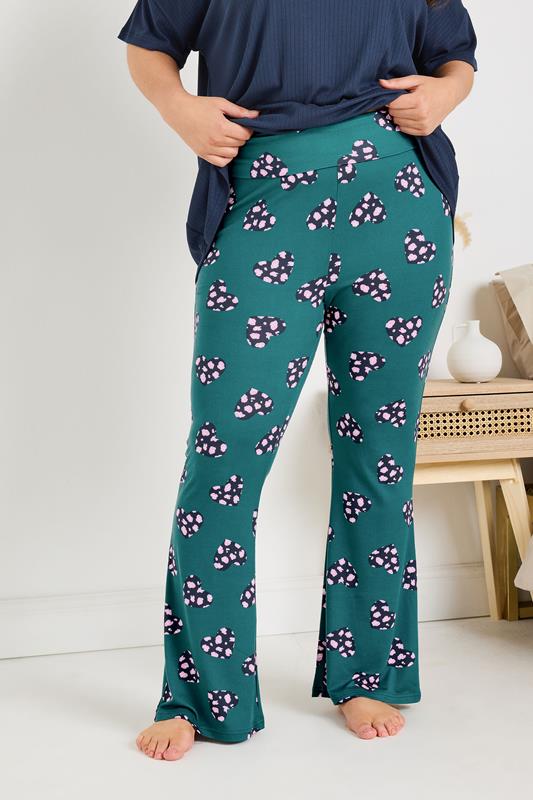 evans YOURS Curve Green Animal Heart Flare Pyjama Bottoms