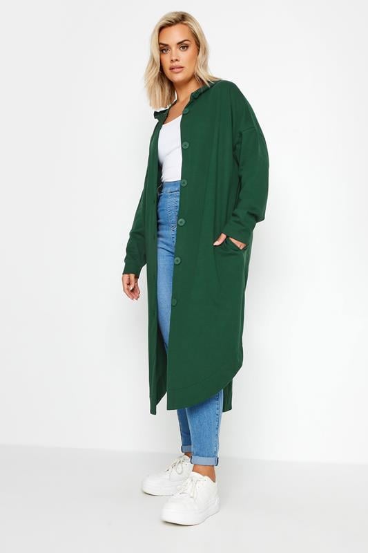 Evans YOURS Curve Green Button Through Hooded Maxi Jacket
