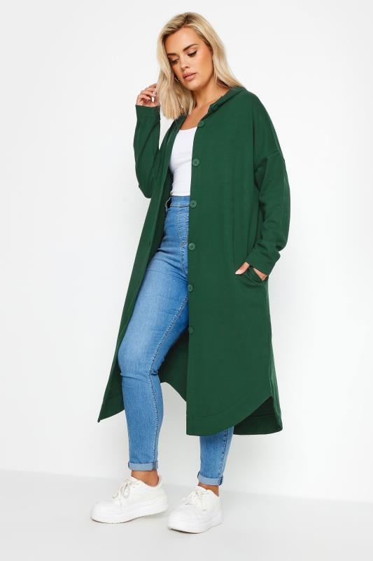 evans YOURS Curve Green Button Through Hooded Maxi Jacket