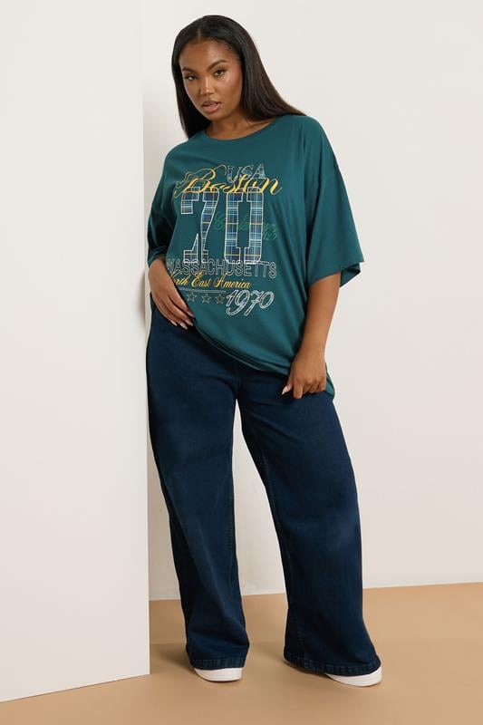 Evans YOURS Curve Green Check 'Boston 70' Boxy Graphic T-Shirt