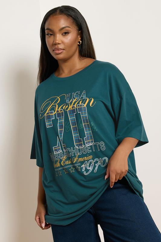 evans YOURS Curve Green Check 'Boston 70' Boxy Graphic T-Shirt