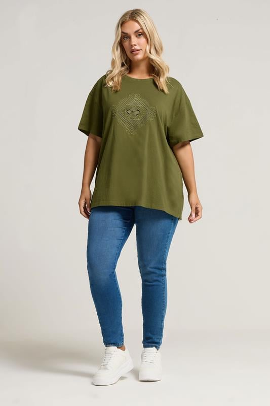 Evans YOURS Curve Green Embroidered Boho Diamond Oversized T-Shirt