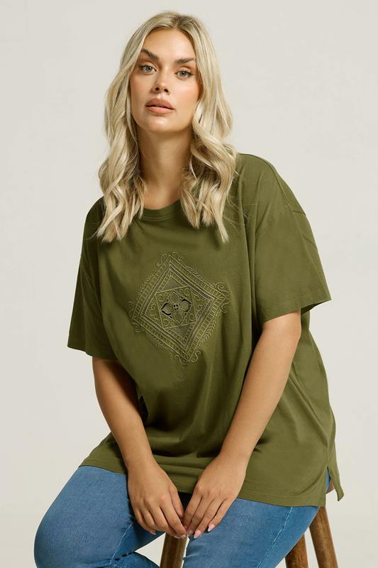 evans YOURS Curve Green Embroidered Boho Diamond Oversized T-Shirt