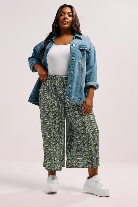 evans YOURS Curve Green Floral Crinkle Midaxi Culottes
