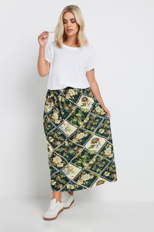 Evans YOURS Curve Green Geometric Floral Print Pleated Skirt