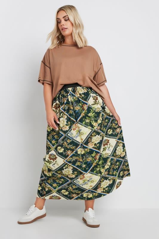 Evans YOURS Curve Green Geometric Floral Print Pleated Skirt