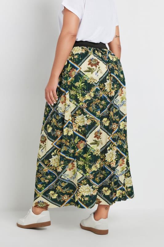 Evans YOURS Curve Green Geometric Floral Print Pleated Skirt