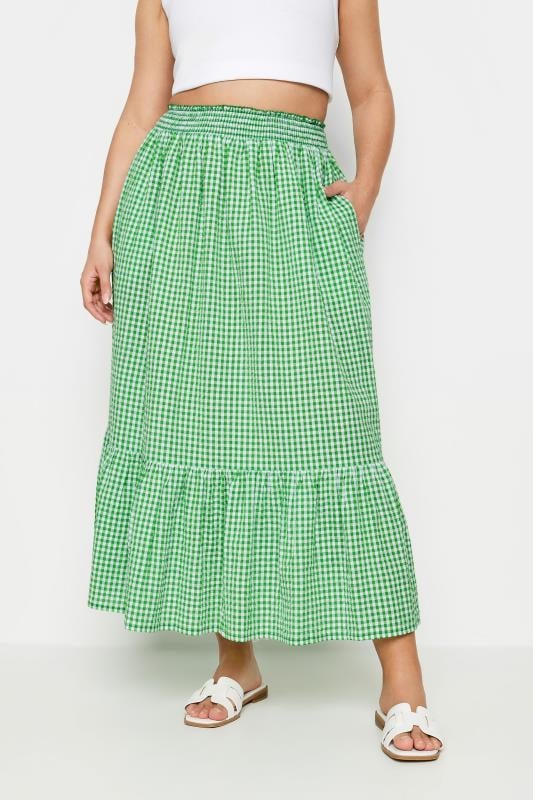 Evans YOURS Curve Green Gingham Tiered Pure Cotton Midi Skirt