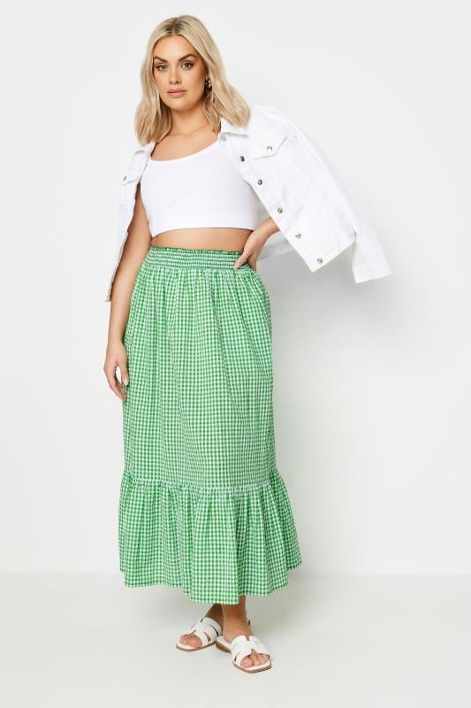 Evans YOURS Curve Green Gingham Tiered Pure Cotton Midi Skirt
