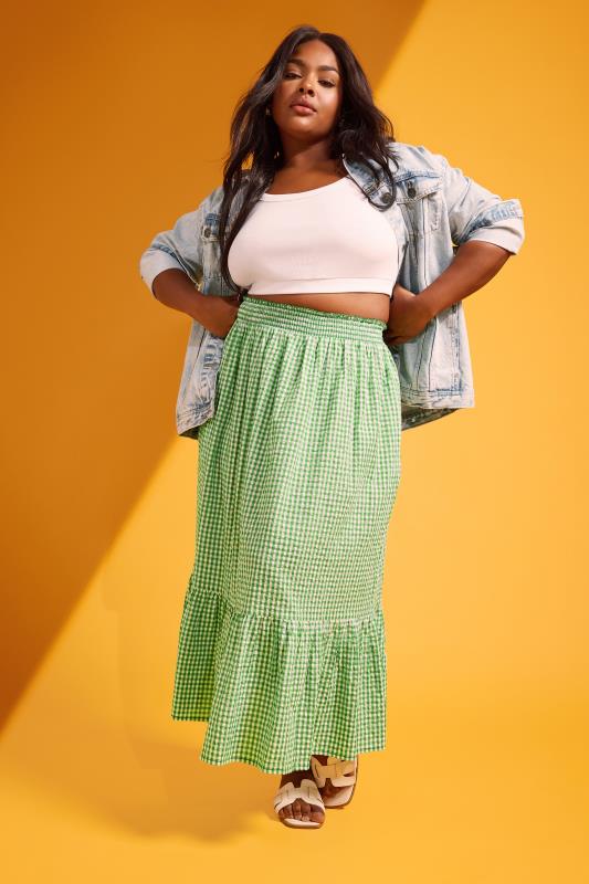 evans YOURS Curve Green Gingham Tiered Pure Cotton Midi Skirt