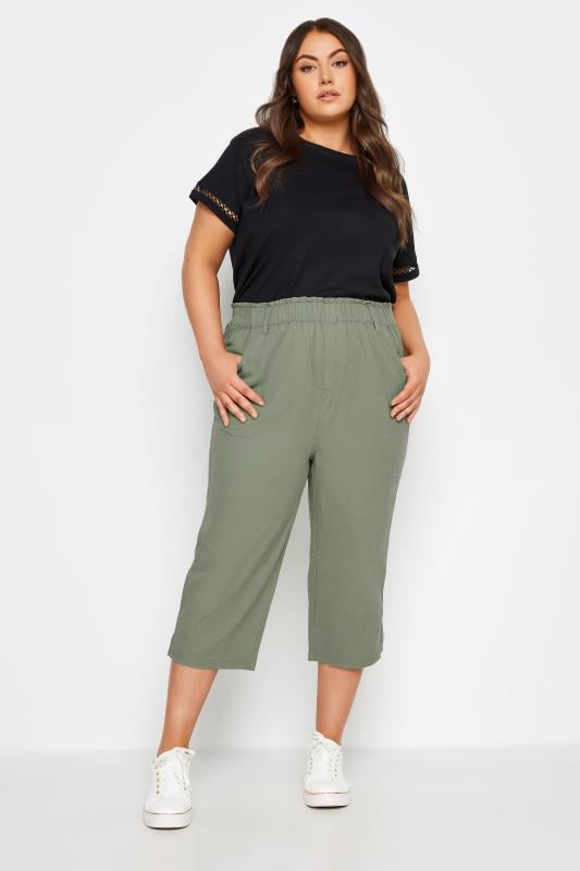 Evans YOURS Curve Green Khaki Cool Cotton Cropped Trousers