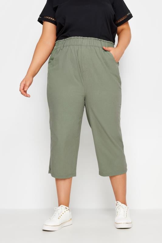 evans YOURS Curve Green Khaki Cool Cotton Cropped Trousers