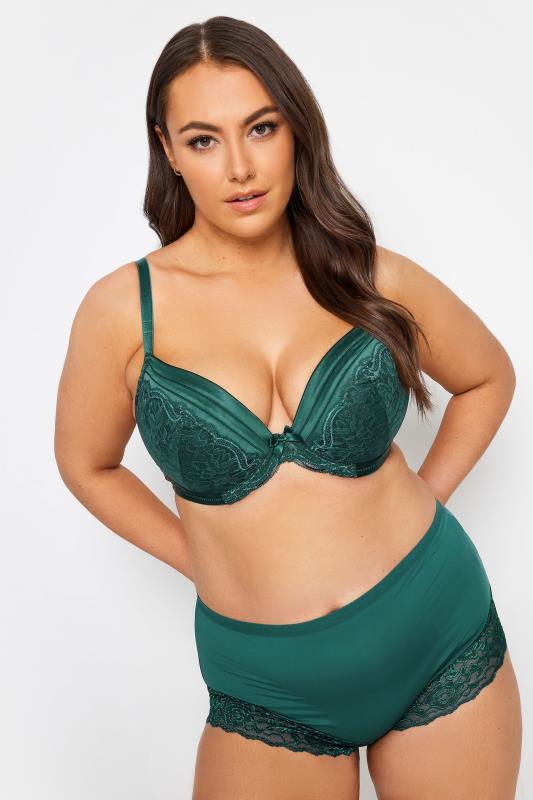 Evans YOURS Curve Green Lace Detail Satin Padded Plunge Bra
