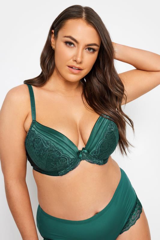 evans YOURS Curve Green Lace Detail Satin Padded Plunge Bra