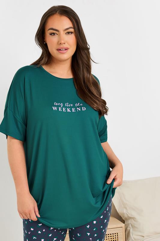 Evans YOURS Curve Green 'Long Live The Weekend' Soft Touch Pyjama Top