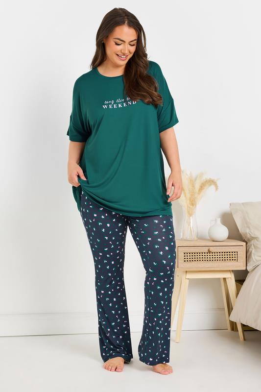 Evans YOURS Curve Green 'Long Live The Weekend' Soft Touch Pyjama Top