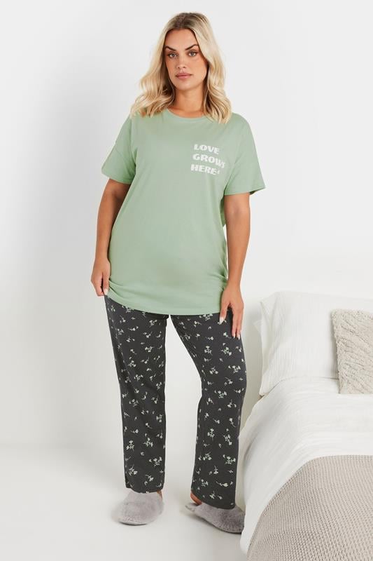 Evans YOURS Curve Green 'Love Grows Here' Wide Leg Pyjama Set