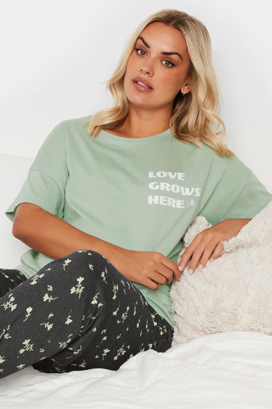 Evans YOURS Curve Green 'Love Grows Here' Wide Leg Pyjama Set