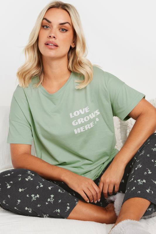 evans YOURS Curve Green 'Love Grows Here' Wide Leg Pyjama Set