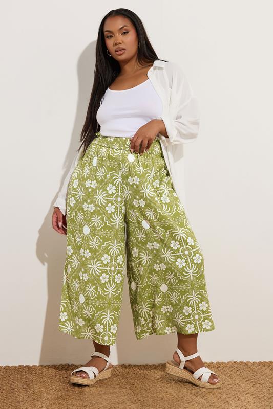 Evans YOURS Curve Green Palm Print Shirred Midaxi Culottes