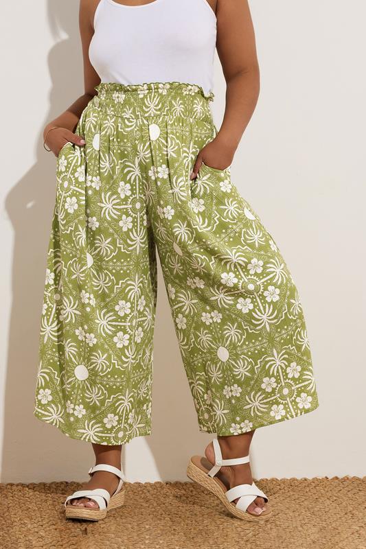 evans YOURS Curve Green Palm Print Shirred Midaxi Culottes