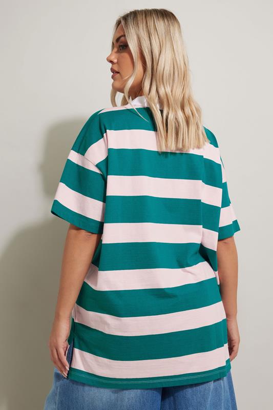 Evans YOURS Curve Green & Pink Striped Rugby Collar T-Shirt