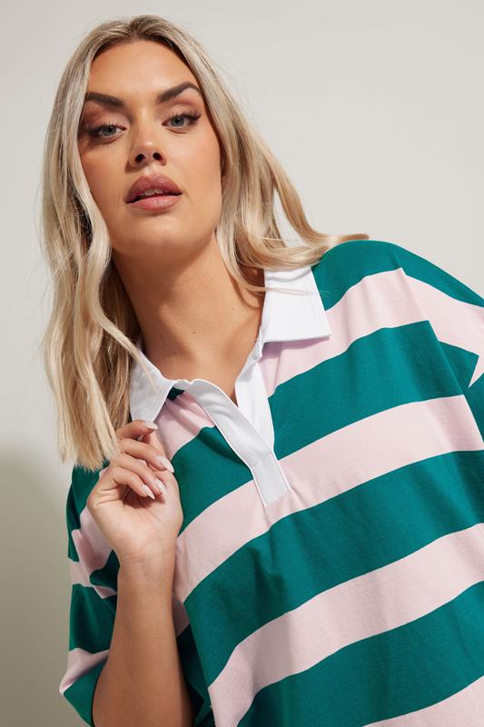 Evans YOURS Curve Green & Pink Striped Rugby Collar T-Shirt