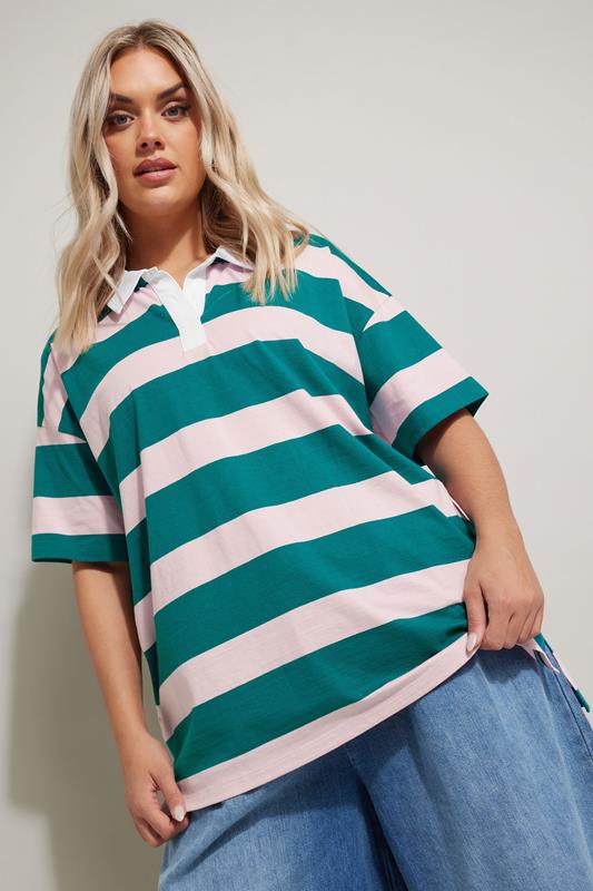 evans YOURS Curve Green & Pink Striped Rugby Collar T-Shirt