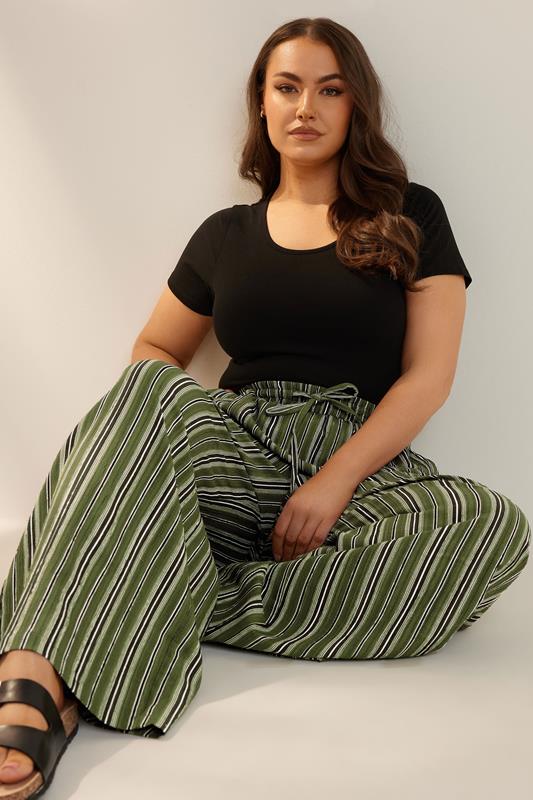 Evans YOURS Curve Green Stripe Textured Wide Leg Trousers